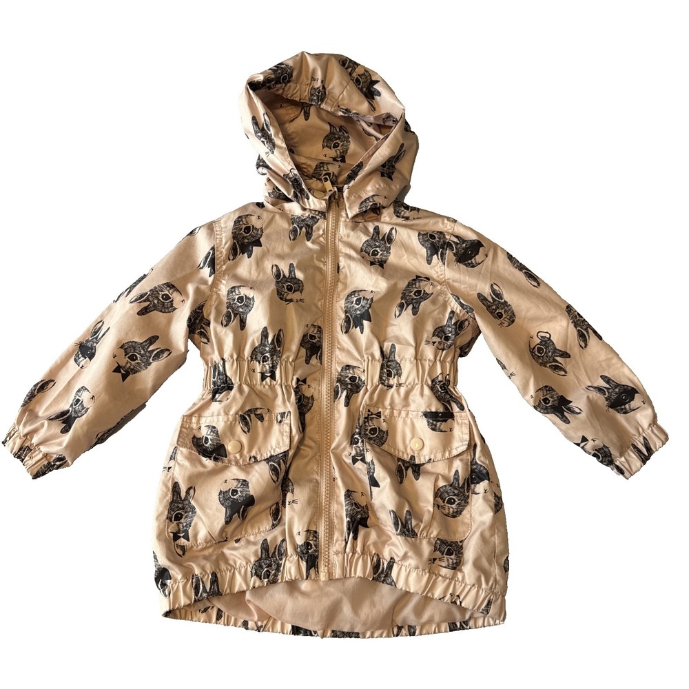 H&M Kids Rabbit Print‎ Parka Windbreaker Hooded Jacket Girls 2/3 Y Bunny Pink